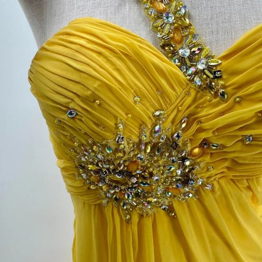 Sunshine Yellow Chiffon Draped Asymmetrical Strap Formal Gown - Picture 3 of 8